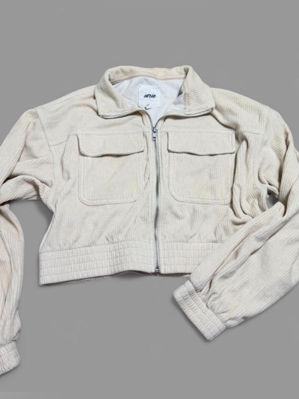 aerie Cream Corduroy Cropped Zip Jacket